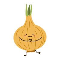 Flat style illustration of an onion with happy face, ideal for healthy eating, cooking projects, and vegetable-inspired designs. vector