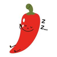 Flat style illustration of a red pepper with sleepy face, ideal for healthy eating, cooking projects, and vegetable-inspired designs. vector