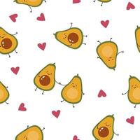 Flat style illustration of cute avocado characters with happy faces and hearts in a seamless pattern, ideal for healthy food themes, kids products, and romantic design projects vector
