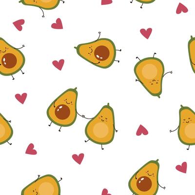 Flat style illustration of cute avocado characters with happy faces and hearts in a seamless pattern, ideal for healthy food themes, kids products, and romantic design projects