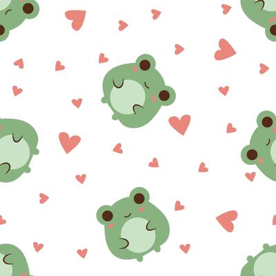 Flat style illustration of cute green frogs with hearts in a seamless pattern, perfect for kids products, textiles, stickers, and love themed designs