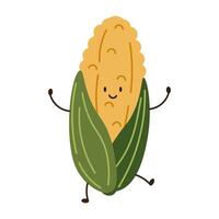 Flat style illustration of a corn with happy face, ideal for healthy eating, cooking projects, and vegetable-inspired designs. vector