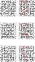 Complex Square Mazes Solutions Paths, Logic Puzzles, Brain Teasers vector