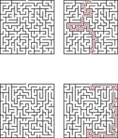 Complex Square Mazes Solutions, Paths, Puzzles, Games, Brain Teasers, Logic, Challenges, Activities, vector