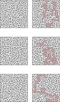 Six square mazes shown three unsolved and three with dashed red lines indicating the solution path through each mazes intricate design. vector