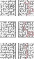 Six square mazes shown three unsolved, three with solutions indicated by a dashed red line Test your problemsolving skills vector