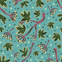 a pattern with leaves and flowers on a blue background vector