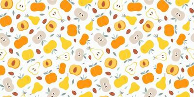 Seamless pattern. Abstract fruits. Apricot, apple, pear, peach. Vitamin natural products, pieces and whole fruits, repeating background. vector