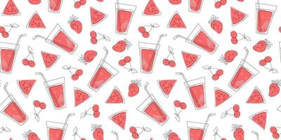 Juice in a glass, fruit cocktail. Strawberry, watermelon and cherry. Pattern, natural food and drink. Abstract drawings of fruits and berries. Line icons. Colorful repeating background. vector