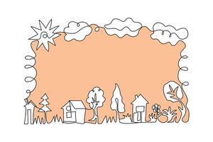 Houses, line art. Frame, border. Trees, sun, clouds drawn with one line. Outline, monochrome illustration on isolated background with space for text. vector