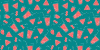 Juice, drinking glass. Fruit cocktail, lemon slice. Strawberry, watermelon and cherry. Pattern, natural food and drink. Abstract drawings of fruits and berries. Colorful repeating background. vector