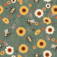 seamless pattern with bees and flowers on green background vector