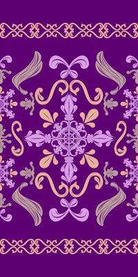 Detailed of Rococo Ages Ornate Scroll Border Pattern with Silk Weaves Embroidery Green Purple Gold on Violet Background. Elegance Art Work for Luxury Design as Fabrics Prints Textiels Interior Batik
