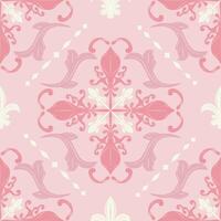 Delicate Fabulous Shades of Pink and Light Cream Geometric Scroll Ornament Seamless Repeat Pattern. A central floral medallion with stylized leaves and swirling flourishes creating a balanced harmony vector