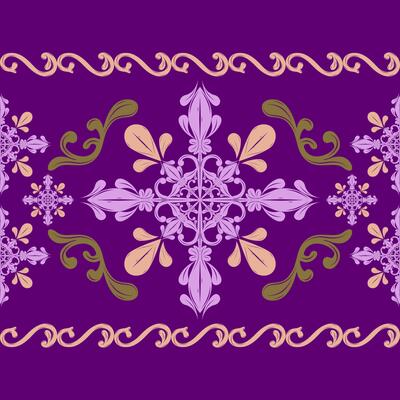 Luxury Mystery Violet Botanic Florals with Leaves Buds Wines Elements with Green Purpel Yellow On Amethyse Background. Delicate Blooming Border Pattern Seamless Design for Decorarion Branding Textiles