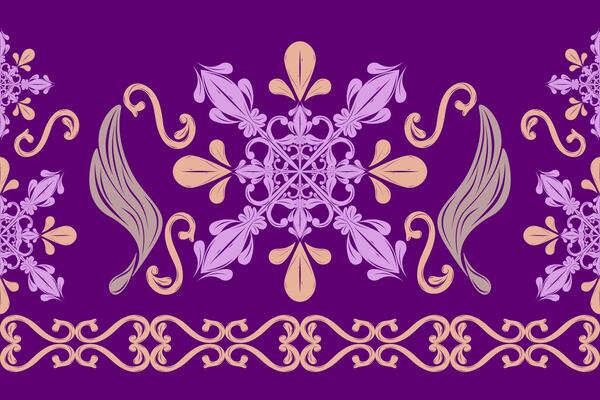 Elaborate Exquistiely Florals Botanic Classy Detailed Scroll Ornament Purple Green Gold on Amethyse Background Seamless Border Pattern. Elegance Luxury Victorian Stripe Design for Silk Print Interior