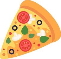 Featuring a triangular slice of pizza topped with melted mozzarella, fresh tomato slices, black olives, fragrant basil leaves, and a sprinkle of oregano against a clean white background vector