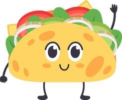 Cheerful anthropomorphic taco filled with fresh ingredients, waving while walking, adding whimsy and fun to projects about food and Mexican cuisine vector