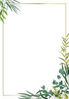 Golden frame decorated with exotic palm and eucalyptus leaves and branches creating a tropical invitation card, banner or template with copy space vector