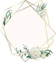 Elegant golden polygonal frame decorated with white roses, eucalyptus, and other green leaves, creating a sophisticated and romantic design vector