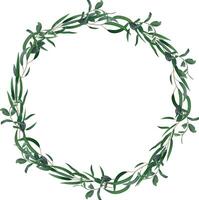 Elegant botanical circular frame creating a negative space with olive branches, eucalyptus leaves, and small dark berries, ideal for wedding invitations, greeting cards, or branding vector