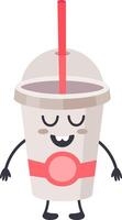 Cartoon representation of a cheerful disposable soda cup with a straw, featuring a smiling face and closed eyes, conveying a sense of contentment and enjoyment vector