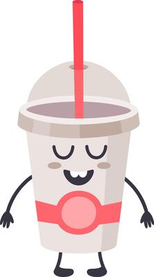 Cartoon representation of a cheerful disposable soda cup with a straw, featuring a smiling face and closed eyes, conveying a sense of contentment and enjoyment