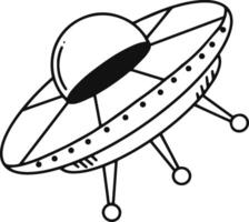 Black and white line art illustration of a flying saucer cruising through space with lights on, ideal for projects related to UFOs, extraterrestrial life, and space exploration vector