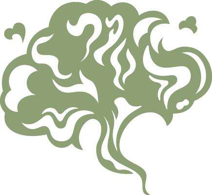 Stylized green smoke cloud rising with swirling and waving lines, forming an abstract and dynamic visual that captures attention with its vibrant energy and fluid motion