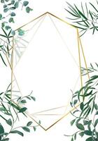 Vertical elegant banner with golden polygonal frame decorated with realistic green eucalyptus and palm tree leaves on white background for wedding, greeting or other design vector