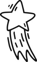 Doodle depicting a five pointed star racing through space, leaving behind a whimsical trail of tiny lines, evoking feelings of motion, magic, and wonder in the night sky vector