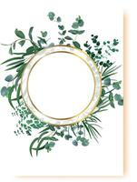 Golden round frame decorated with green eucalyptus, fern and palm leaves creating a sophisticated and natural design, perfect for wedding invitations, greeting cards or any elegant project vector