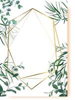 Eucalyptus and tropical leaves are framing a golden polygonal frame creating a luxurious botanical design for wedding invitations, greeting cards or any elegant design project vector