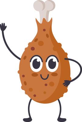 Cartoon illustration of a happy fried chicken leg waving and smiling, perfect for food related projects, children's books, or any project needing a touch of humor