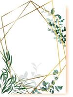 Golden polygonal frame adorned with lush green eucalyptus leaves, crafting an elegant wedding invitation or greeting card featuring ample copy space for personalized messages vector