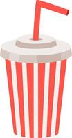 Red and white striped paper cup with plastic lid and red straw, isolated on white background, representing refreshing drinks and fast food culture vector