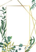Eucalyptus branches gracefully adorn a golden frame, creating a stylish and natural design perfect for invitations, cards, or wall art, blending elegance with botanical charm vector