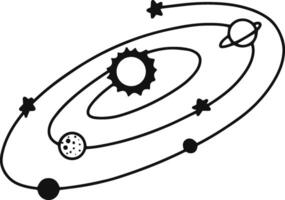 Minimalist black and white illustration of planets orbiting a sun with stars, representing solar system, astronomy, and space exploration concepts vector