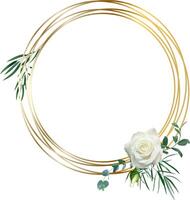Golden round frame is decorated with white rose, eucalyptus, greenery and small bud creating elegant wedding invitation, greeting card or thank you card vector