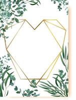 Eucalyptus branches create an elegant frame around a gold geometric heart shape, perfect for wedding invitations, greeting cards, or any design requiring a touch of nature and sophistication vector
