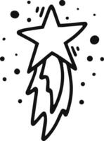 Simple black and white drawing depicting a shooting star streaking across the sky, leaving a shimmering trail of stardust behind, all set against a clean white background vector