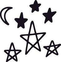 Black and white illustration featuring a crescent moon and various hand drawn stars, creating a whimsical celestial scene ideal for children's books, greeting cards, or decorative projects vector