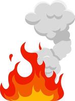 Red and orange cartoon fire burning with grey smoke cloud rising on white background, representing concepts such as danger, combustion, and heat vector