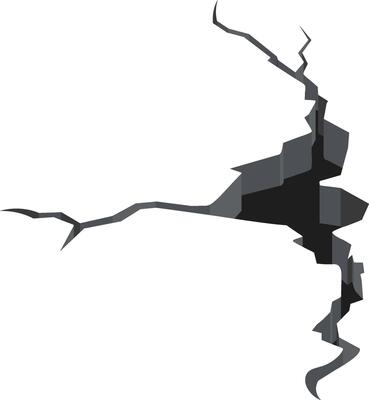 Deep crack splitting a white surface, creating a dark gap that divides the entire area into two distinct sections, highlighting the impact of damage and geological forces
