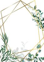 Golden geometric frame adorned with eucalyptus and green leaves, creating an elegant border on a white background, ideal for wedding invitations and sophisticated designs vector