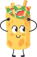 Cheerful burrito cartoon character with big eyes, filled with vegetables and french fries, is touching its head with arms and smiling, creating a funny and engaging image vector