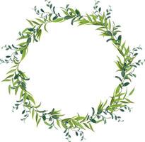Green leaves and branches forming a beautiful circular frame, creating a natural and elegant border, perfect for invitations, cards, or decorative projects on a clean white background vector