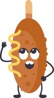Cartoon corndog character waving cheerfully with a big smile, bright eyes, and an open mouth, standing on two small legs against a clean white background vector
