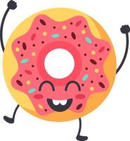 Cartoon donut with pink icing and colorful sprinkles joyfully dancing and celebrating with arms raised, radiating happiness and excitement in a fun and whimsical way vector