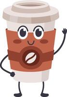 Cheerful anthropomorphic takeaway coffee cup with big eyes, rosy cheeks, and a wide smile waves its hand, conveying a friendly and welcoming vibe vector